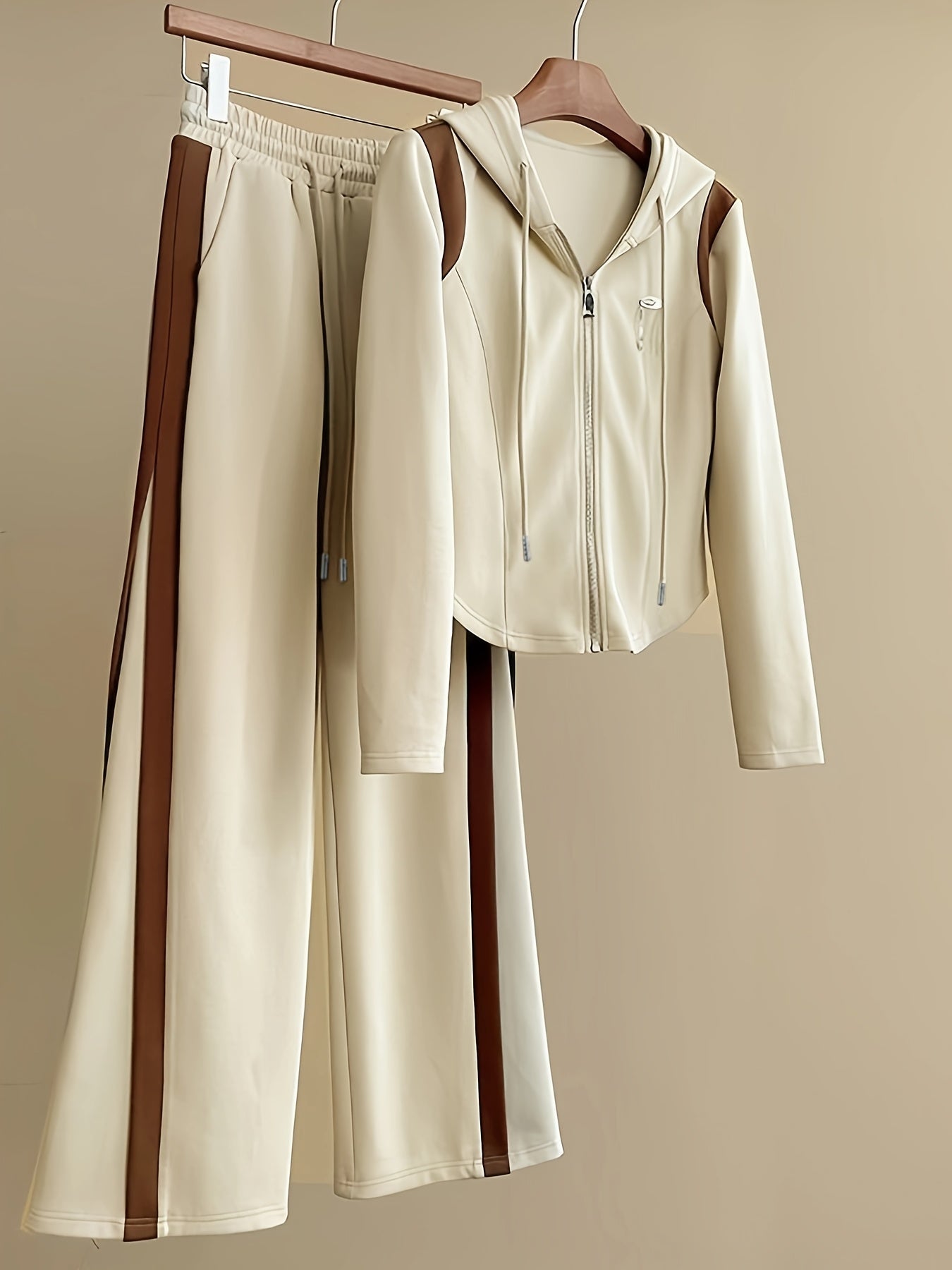 Women'S 2pcs Casual Sportswear Set, Fall 2025 Collection, Solid Color, Contrast Patchwork, Hooded Zip-Up Cardigan, Long Sleeve, Knit Fabric, Polyester 95%, Elastane 5%, Lightweight, 200g/m², Spring/Fall Collection